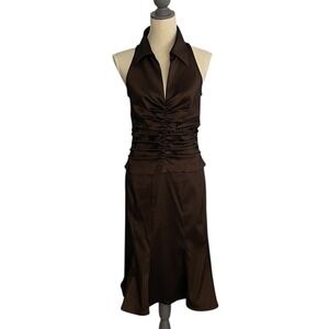 Tadashi Collection Vintage Midi Dress Womens 8 Brown Ruched Halter Collared Prom